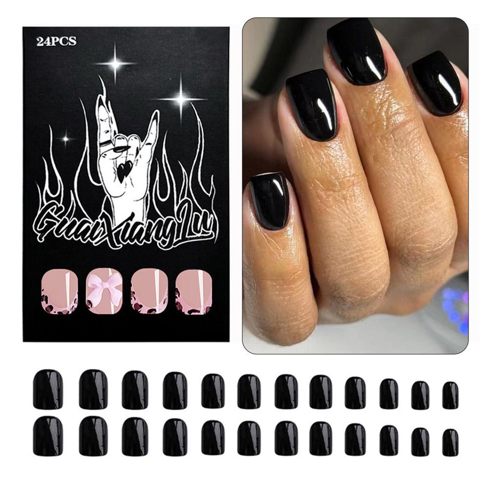 24pcs Black Square Press on Nails Medium Long Fake Nails, 12 Sizes Glossy Acrylic Nails Press on Square Nails Tips Fake Nail Set