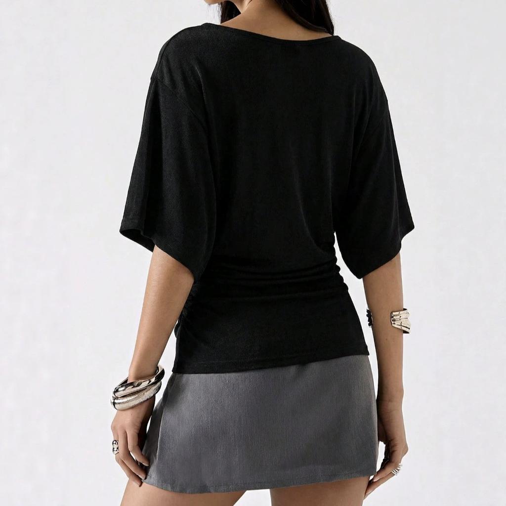 European and American new cross V-neck top, waist minimalist solid color short light commuter and thin bottoming shirt