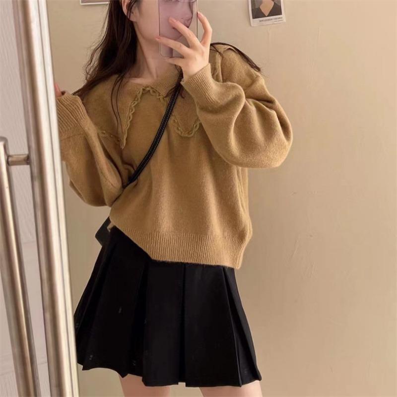 Autumn and winter new doll collar cute wind pullover sweater women's solid color loose age-reducing knitted sweater top