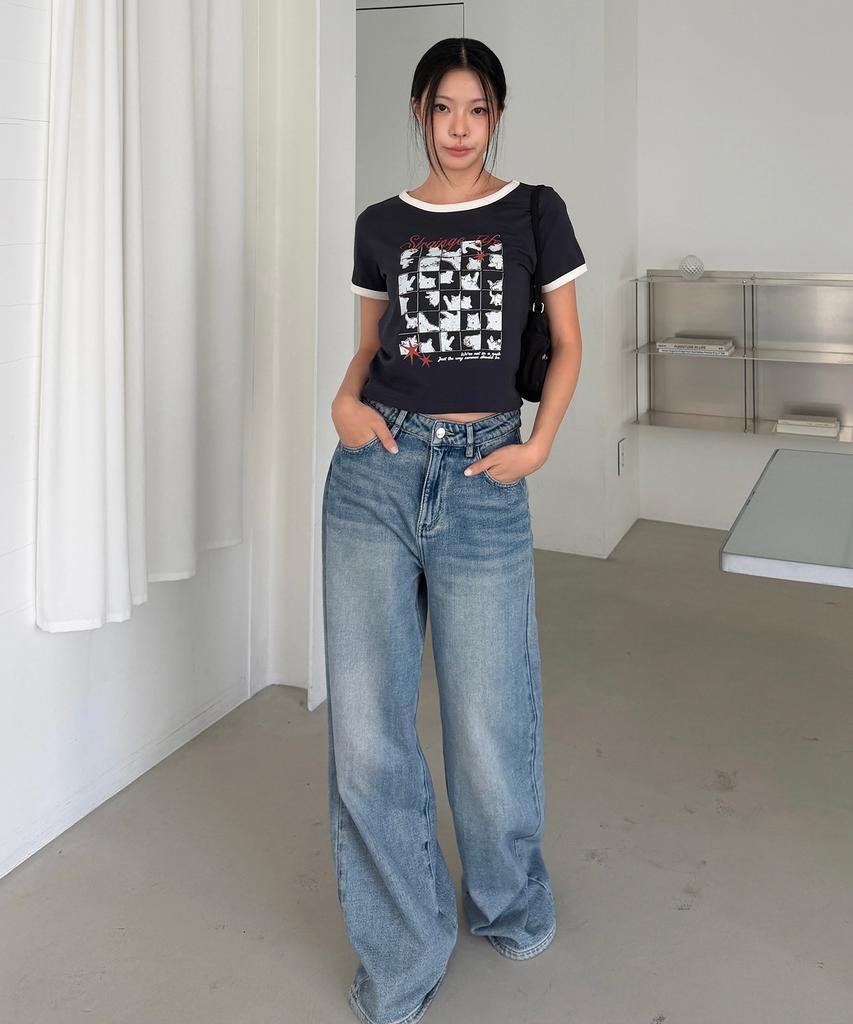 LMR Cat Foster Ringer Crop Short Sleeve T-Shirt Navy