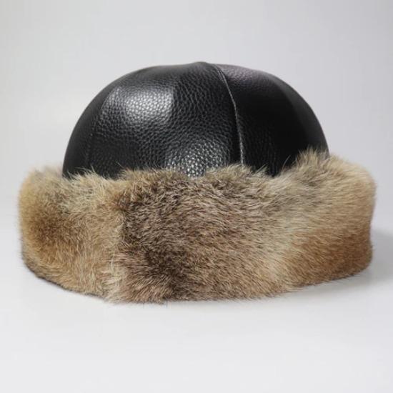 New Winter Real Rabbit Fur Hat Unisex Natural Real Cow Leather Fedoras Hats Women Outdoor Warm Real Rabbit Fur Caps