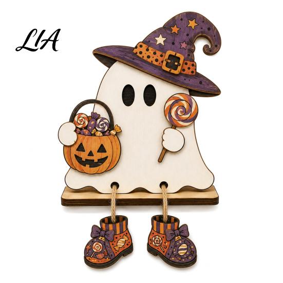 Autumn Atmosphere Home Accessories Wooden Harvest Festival Ghost Ornament for Desktop Decoration, Cute Small Holiday Gifts Friends Halloween Tabletop