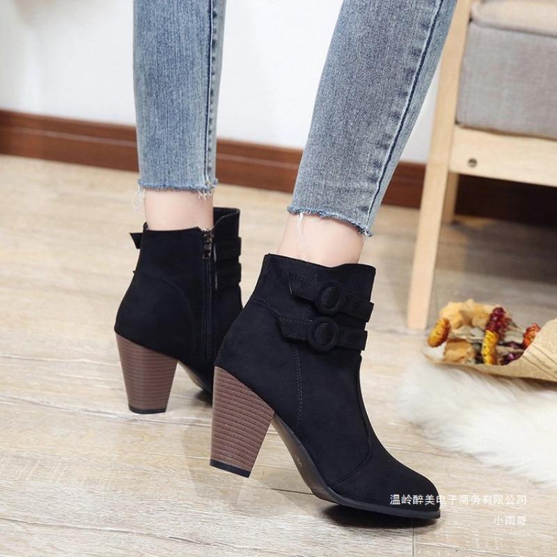 Large Size Cross-border Thick Heel Short Boots Autumn Suede Belt Buckle High Heel Bare Boots Women's Side Zipper Martin Boots