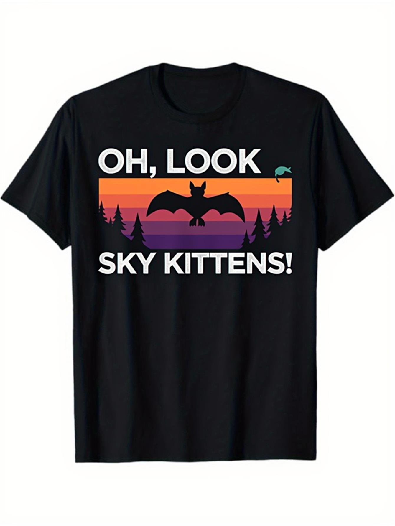 

Oh Look Sky Kittens Bat Funny Graphic TShirt Short Sleeve Crewneck Bat Silhouette Sunset Soft Comfortable Women Casual Clothing S