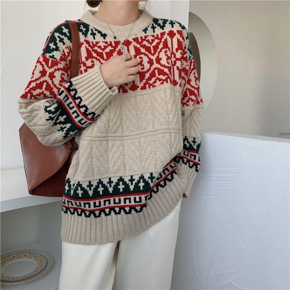 

Christmas Vintage Ethnic Sweater Women Oversized Loose Knit Pullover Cozy Winter Fashion Top One Size червоний