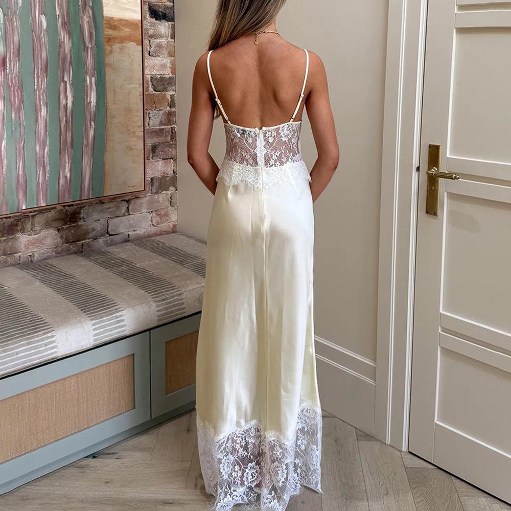 Elegantes Maxikleid mit tiefem V-Ausschnitt, Spitzen-Patchwork, Spaghettiträgern und offenem Rücken