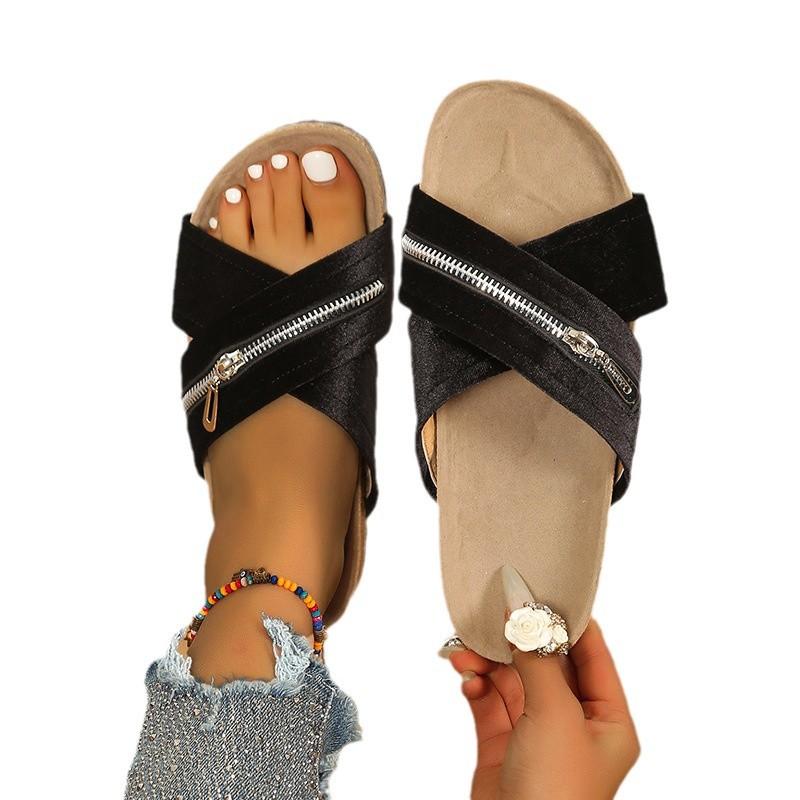 Foreign Trade Large Size Zipper Decorative Muffin Cork Slippers Women's Summer New Beach Outdoor Comfortable Cross Casual Shoes