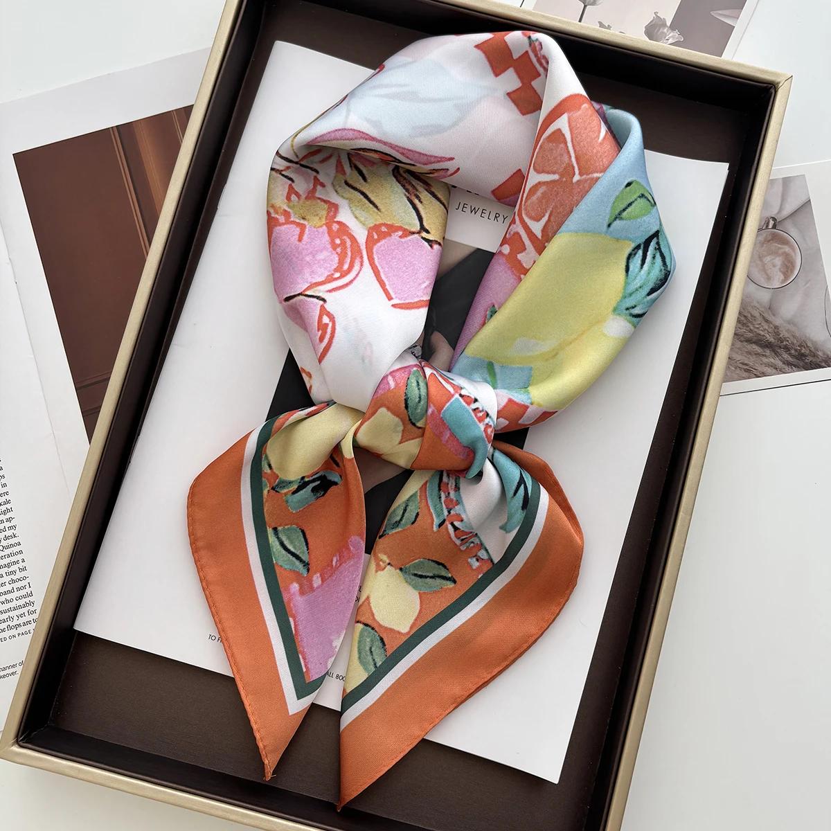 

Квадратный шарф 70см с лимонным принтом, желтый, из мягкого атласа, повседневный, элегантный, тонкий, дышащий, на шею, женский, ветрозащитный, головной убор, шарфы для волос 2025 70x70CM