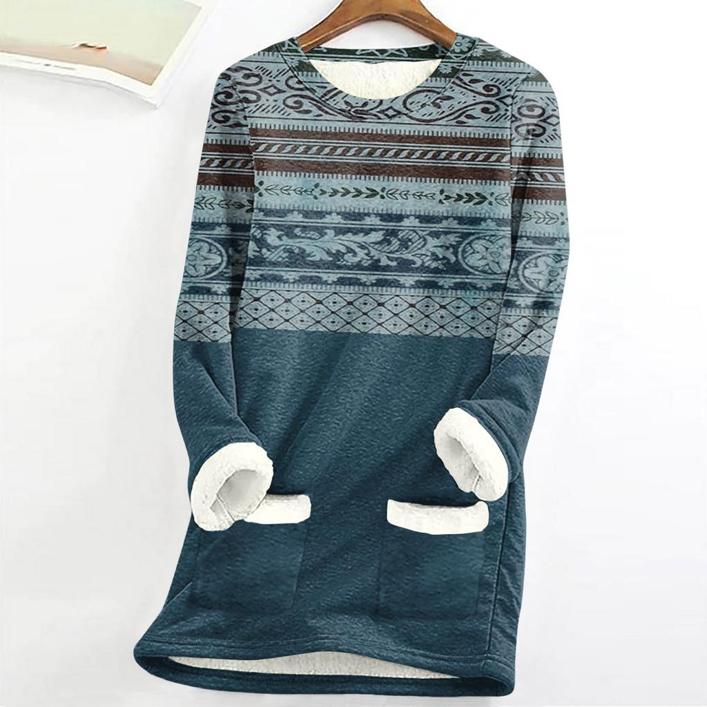 Dame Rundhals Topp Trykk Fortykket Plysj Kasjmir Varm Lang Topp