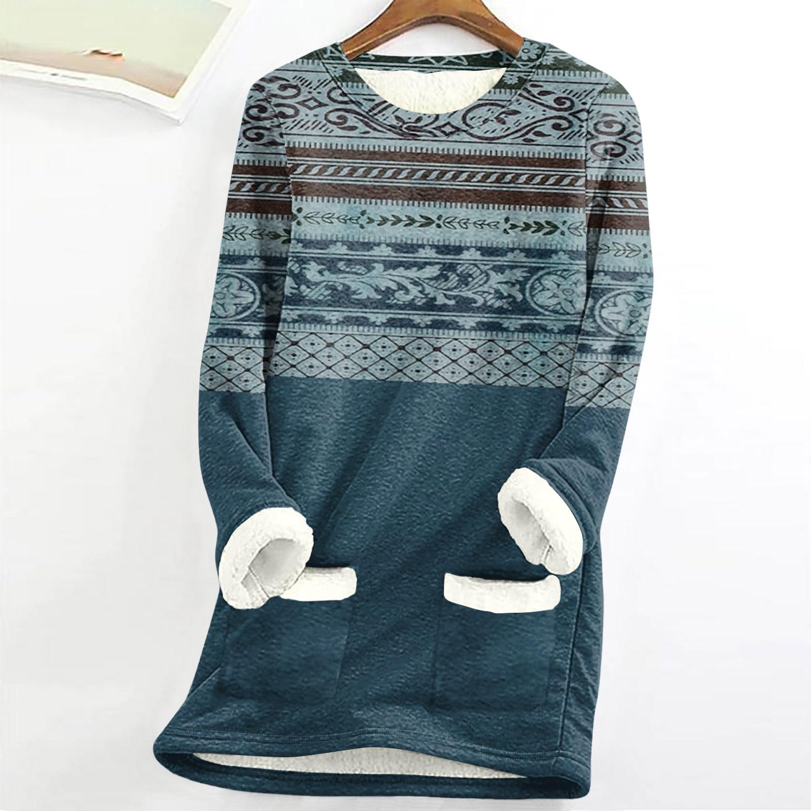 

Женский топ с круглым вырезом и принтом из утолщенного плюша и кашемира, теплый длинный топ XXL тёмно-синий