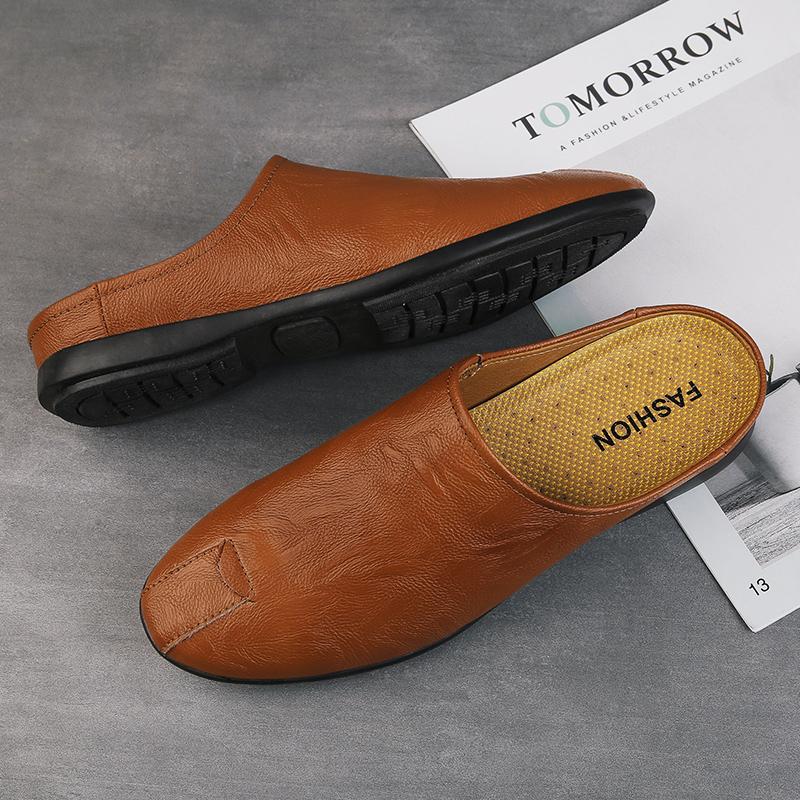 Comfy Mens Muller Shoes Italian Men Slippers Genuine Leather Loafers Casual Outdoor Non-slip Half Slipper Men All-match