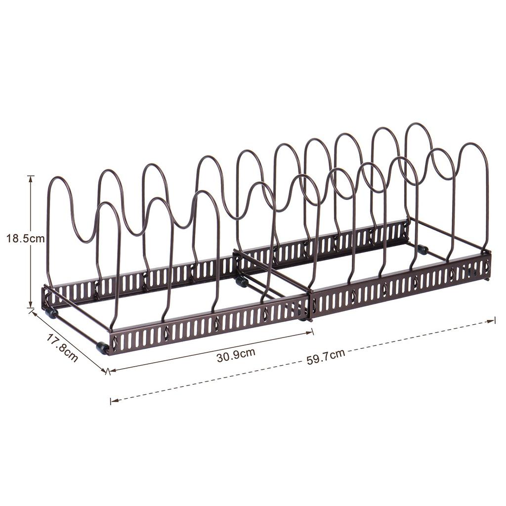 Toplife Telescoping Frying Pan Rack Kitchen Storage Rack with 10 Pot Frying Lid Holder Dividers, Stand, Pan, Pot, (Brown)