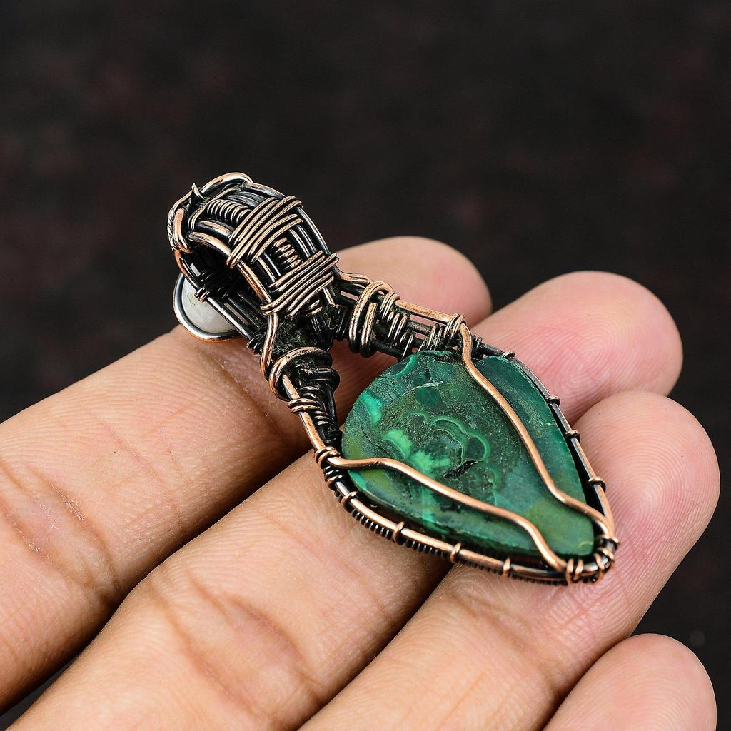Malachite Copper Pendant Copper Wire Wrapped Pendant Gemstone Pendant Copper Jewelry Rainbow Moonstone Jewelry Gift For Him Designer Pendant