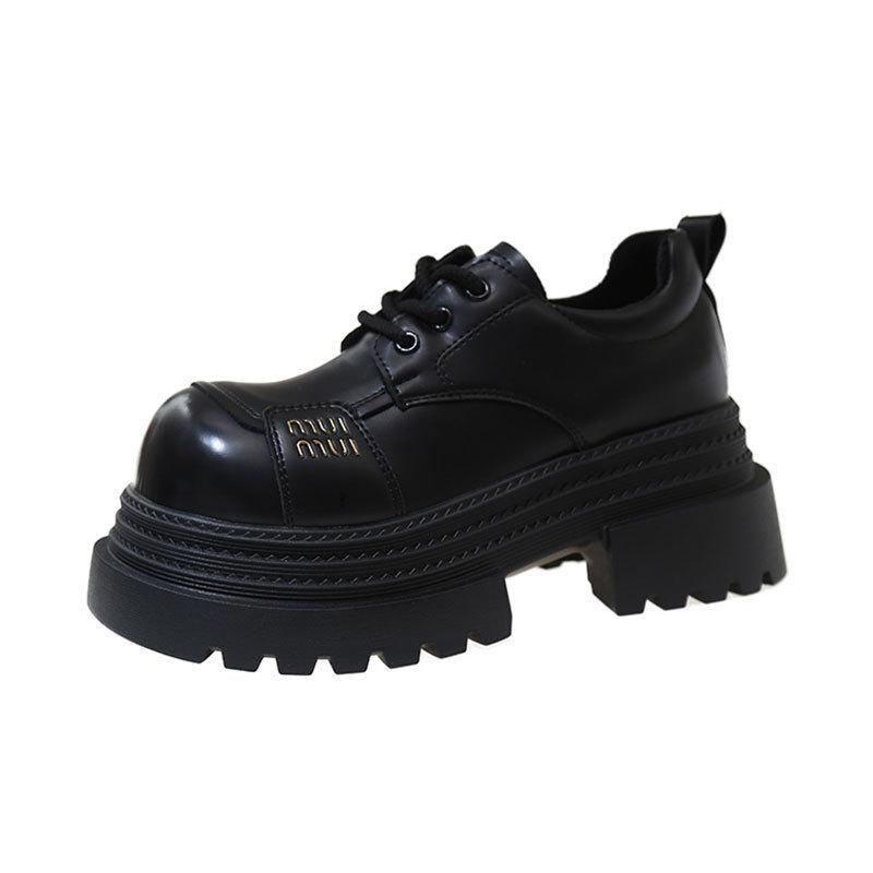 British Style Big Head Lace-up Small Leather Shoes Women's 2025 Spring New Fashion Small Man Height Increase Platform Loafer Single Shoes