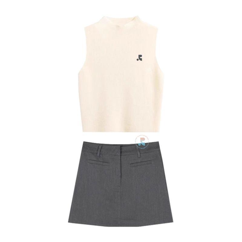 

Restandcreation Korean Style Knitting Vest High Waist Skirt Suit Elegant Slim Fit Two-Piece Suit Women Apricot Suit S