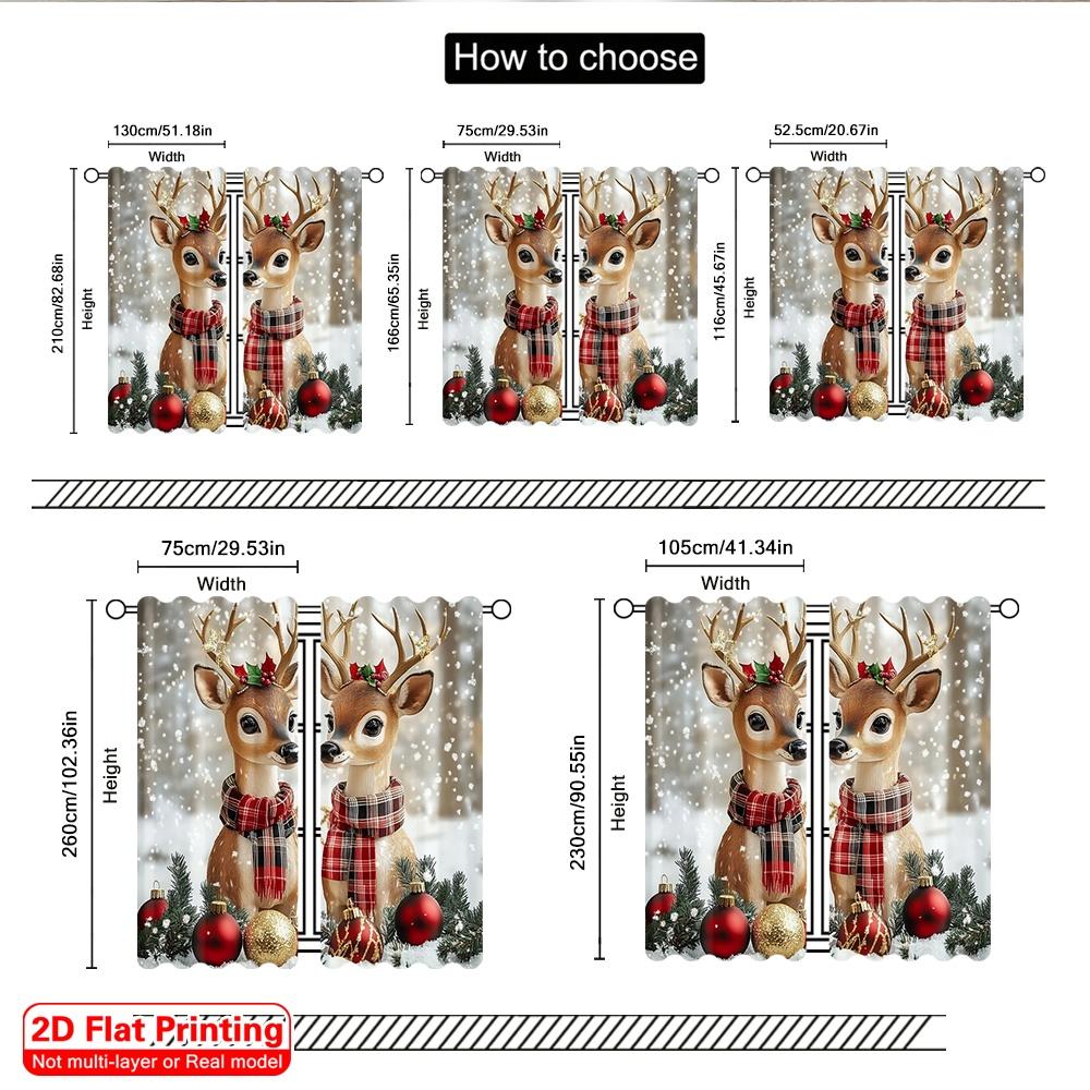 2D Flat Printing 2pcs Window Curtains Christmas Reindeer and Snowflakes Versatile Polyester Fabric Without Electricity Party