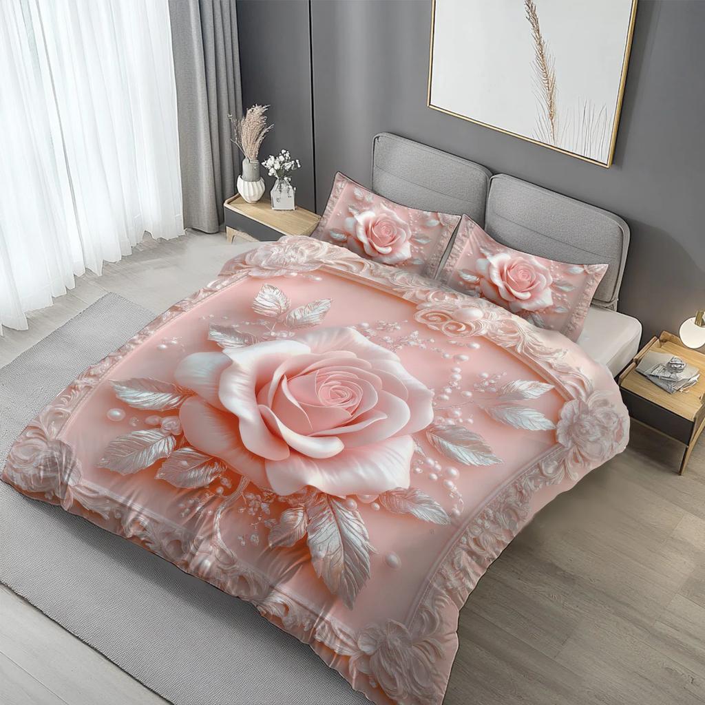 Comforter 2/3Pcs Pink Rose Bedding Set Soft Comfortable Floral Machine Washable Queen King Size