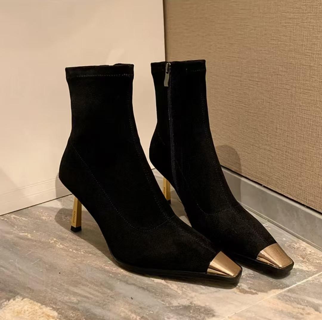 

2025 autumn and winter sexy high heel long tube thin boots metal square head thin heel high tube elastic boots women s long boots large size 40 чёрный