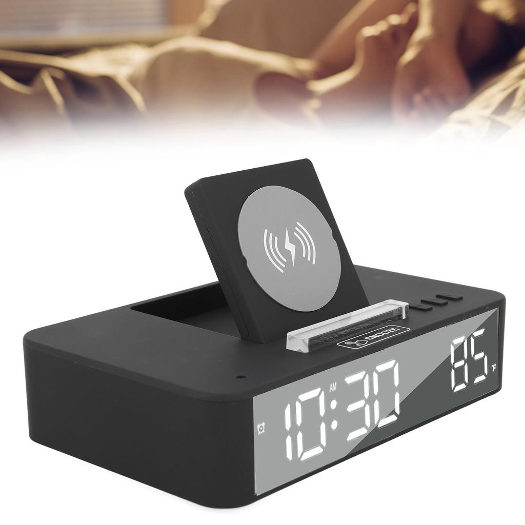 10W Digital Alarm Clock One Button Lifting LED Mirror Electronic Clock with 10W Wireless Charging for Bedroom