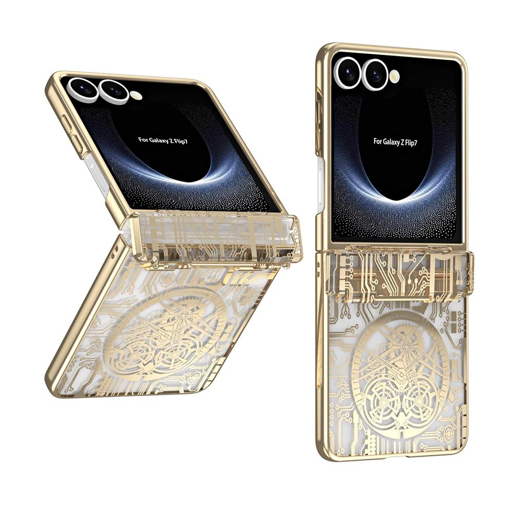 Mechanical Style Phone Case for Samsung Galaxy Z Flip 7 Fe 6 5 4 Flip7 Hinge Protection Clear Cover Luxury Electroplate