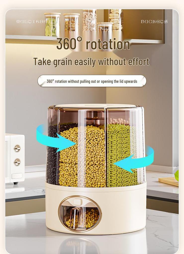 Rotating Grain Storage Box: Insect- and Moisture-Proof Sealed Rice Container with Dividers.