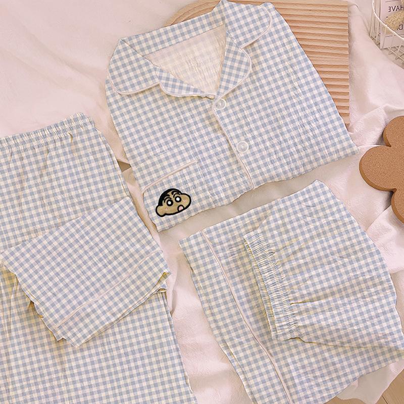 Simple Plaid Japanese Crayon Xiaoxin Fengyun Cotton Pajamas Women'S Summer Casual Loungewear Three-Piece Set