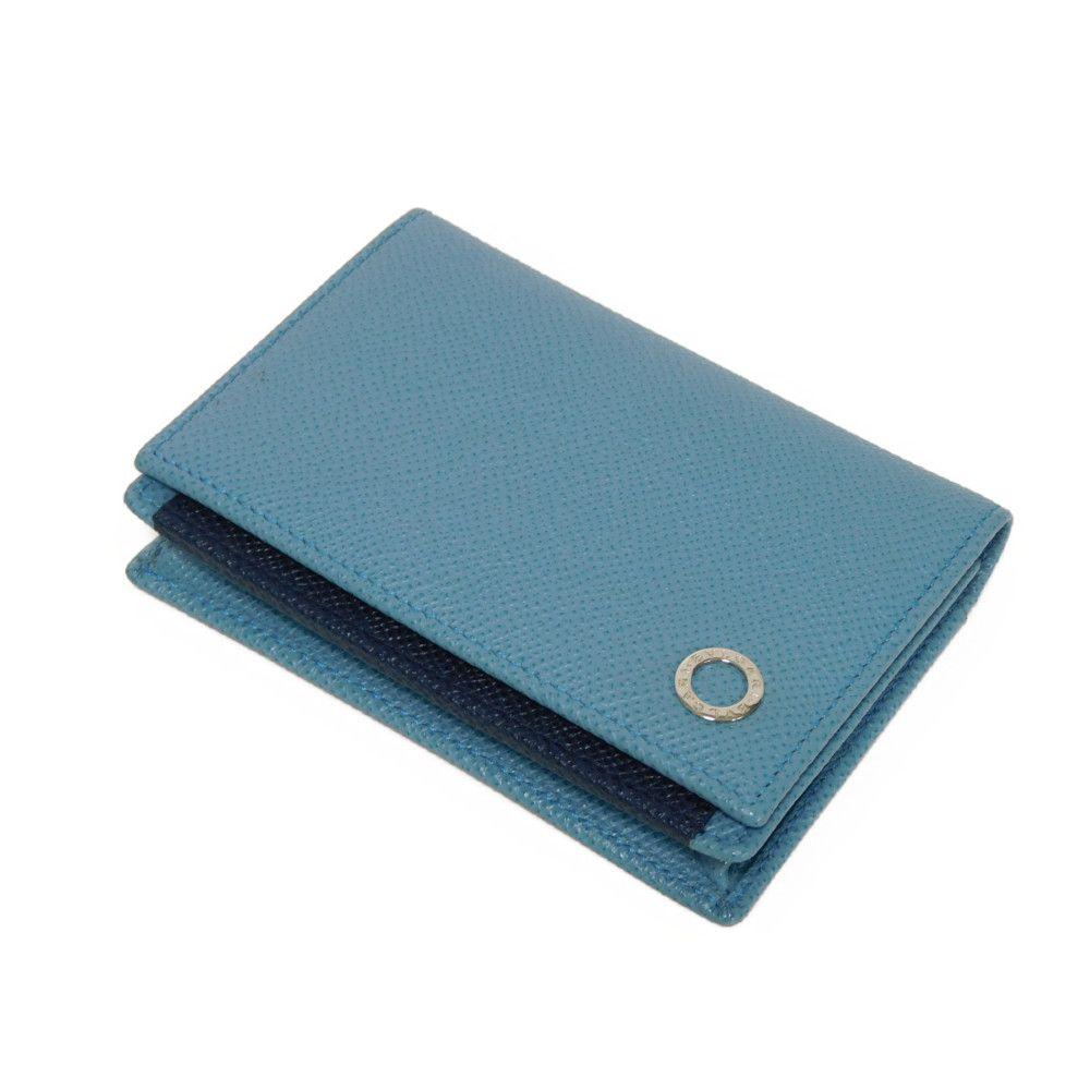 Used Bulgari Man Business Card Holder 7946 Navy Bi-Color Calfskin Bifold RFID Case (11679) Logo Metal Light Blue Men's
