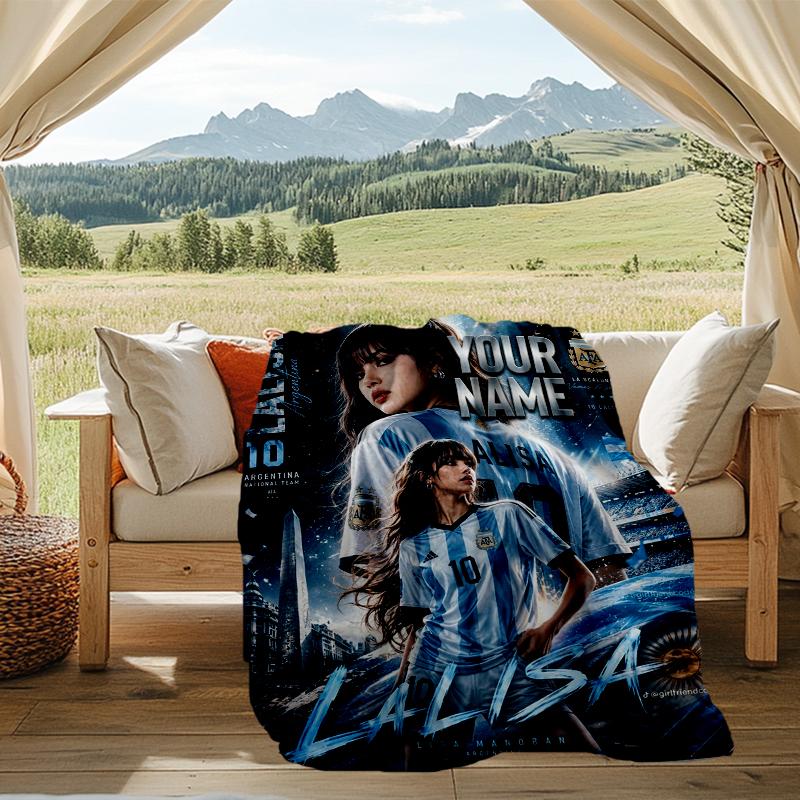 Custom Name Soccer K-pop Black Pink Lisa Flannel Fleece Blanket Cozy Warm Throw Blanket For Couch Bed Travel All Season Use
