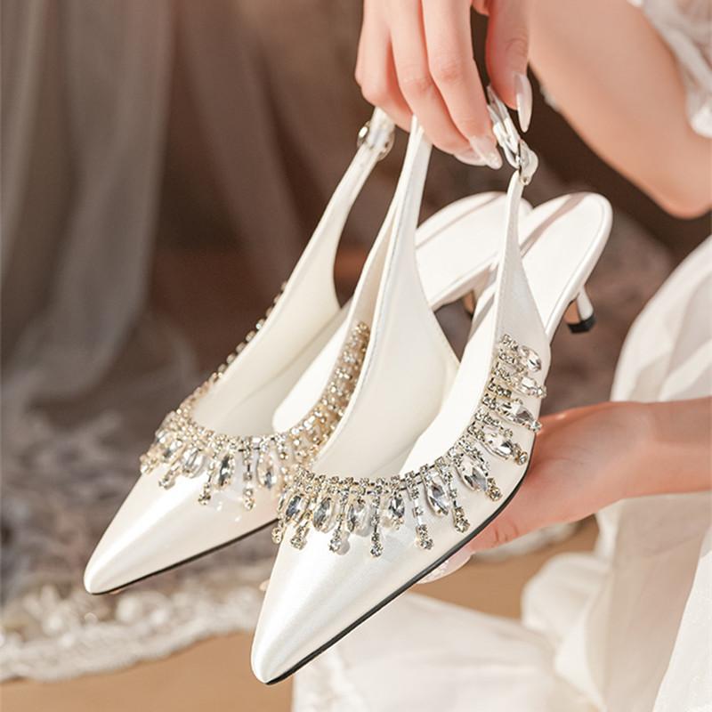Mode Luxus Strass Quaste Satin Damen Pumps Elegant Spitz Stiletto Hohe Absätze Slingbacks Mode Frühling Sommer Partyschuhe