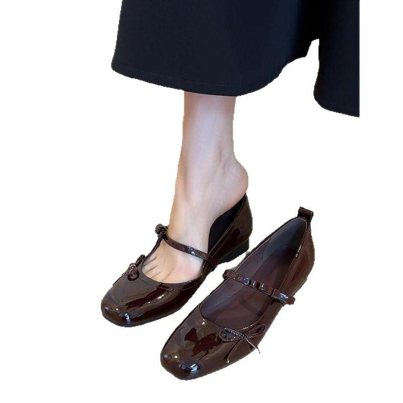Blue Cabinet Edition~ Soft Leather French Retro Flat Bottom Bow Light Mouth Single Shoes Women's New Silver Mary Jane Evening Shoes
