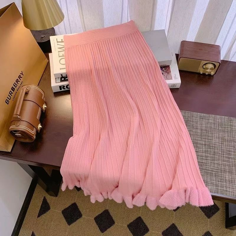 

High Waist Women s Autumn Winter Mink Wool Knitted Midi Skirt Soft Style A-Line Pleated Skirt 3XL