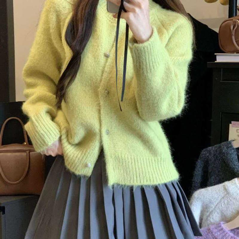Womens Knit Cardigan Casual Loose Fit Versatile Outerwear Solid Color Long Sleeve Round Neck Single Breasted Wear