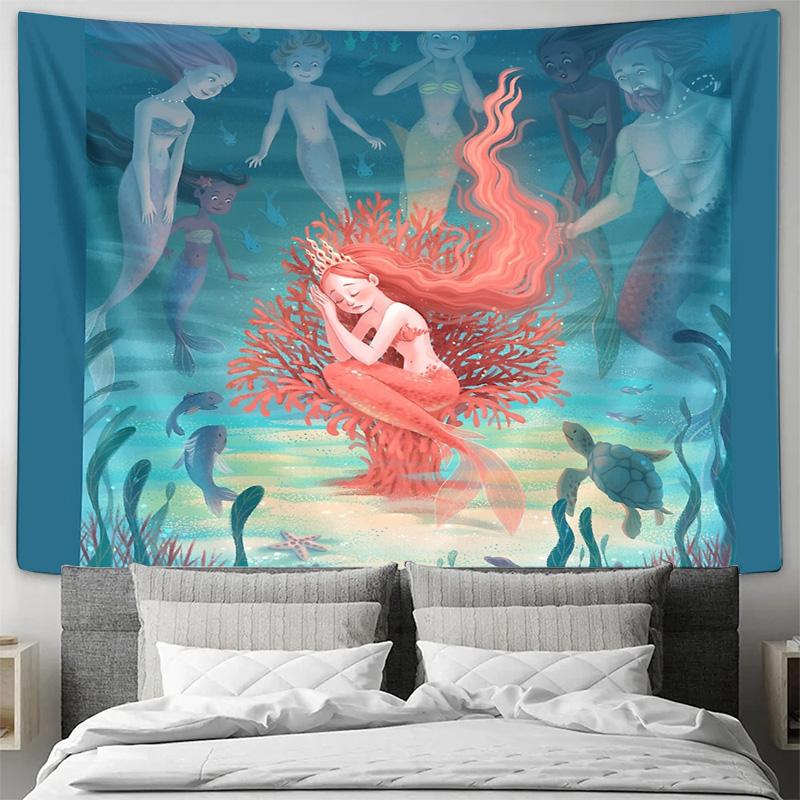 Ocean Mermaid Wall Tapestry Vintage Sea Wave Backdrop Nature Home Decor Bedroom Living Room Aesthetic Room Decor Gift