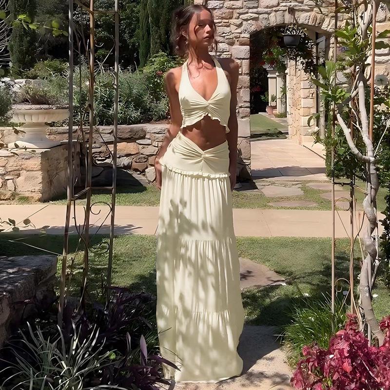 Sexy V-Neck Ruffle Halter Tie Long Dress Two-Piece Set for Women
