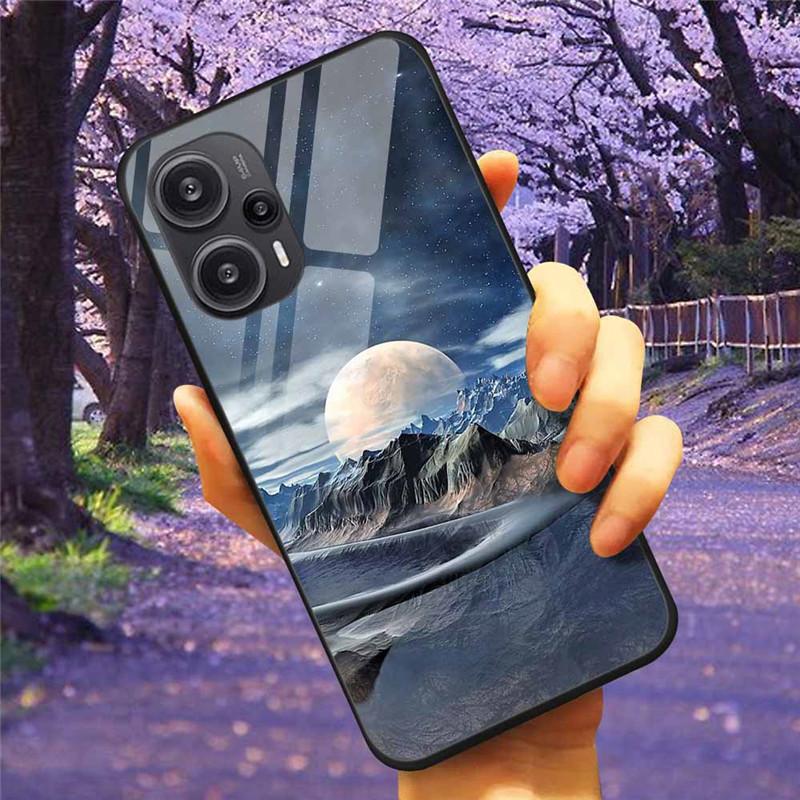 For Xiaomi Poco F5 5G / F5Pro Case Tempered Glass Lake Moon Hard Phone Cover for POCO F5 Pro Capas Funda on PocoF5 Luxury Coque