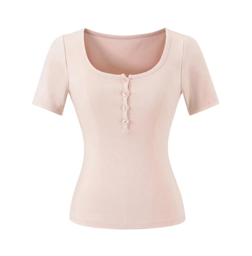 V-neck button-down short-sleeved T-shirt women's summer new American Spice Girl solid color slim-fit elastic crew neck bottoming top