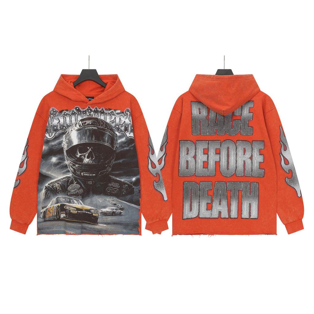 God Bless America Retro Rock Street Print Washed Hoodie - Casual Loose Fit