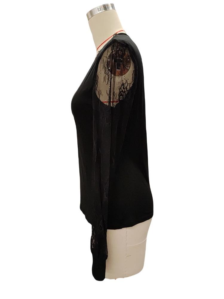 Elegant Lace Lace V-neck Splicing Loose Long-sleeved Solid Color T-shirt Skinny Tops Versatile Closet Essential Fashion Items Shirt