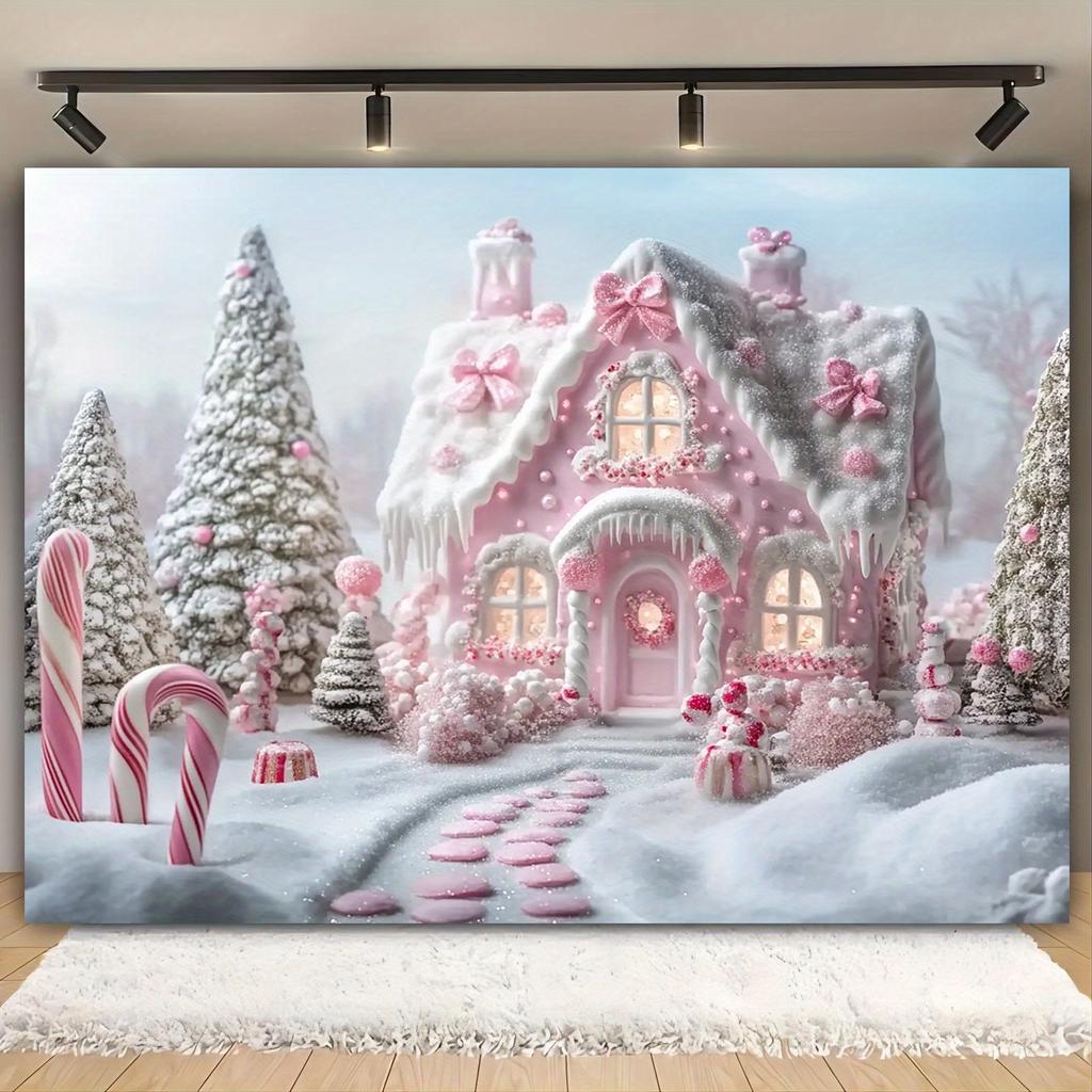 2D flat banner, 1 piece, Christmas Candy Land background banner - no power required, pink and white icing design