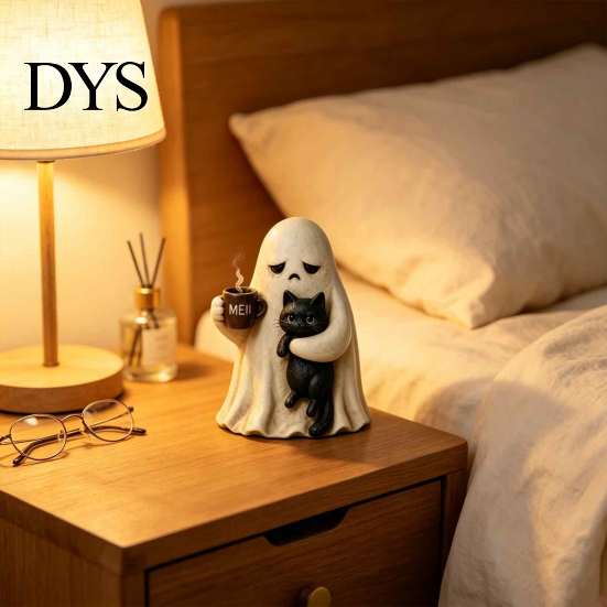 Ghost Holding Cat Statue Meh Mood Figurine, Cute Black Vintage Statue, Halloween Tabletop Ornament for Home Office Decor Resin