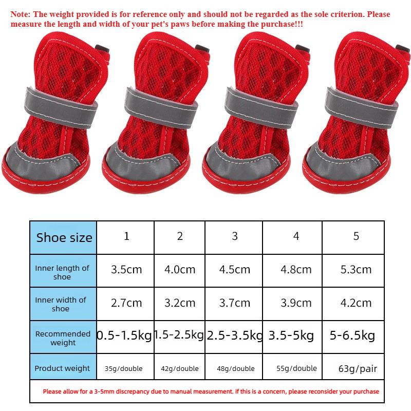 

4pcs/set Breathable Dog Shoes Summer Reflective Pet Shoes Wear-resistant Anti Slip Pet Foot Covers Adjustable Pet Paw Protector 1 червоний