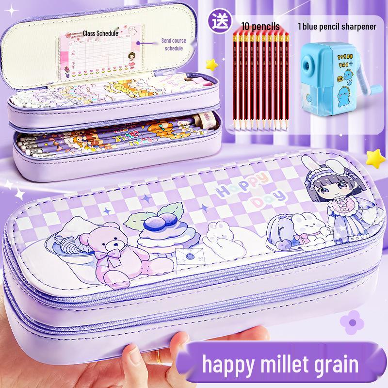 Large Capacity Double Layer Pencil Case - Cute, Stylish Canvas Stationery Box for School Students