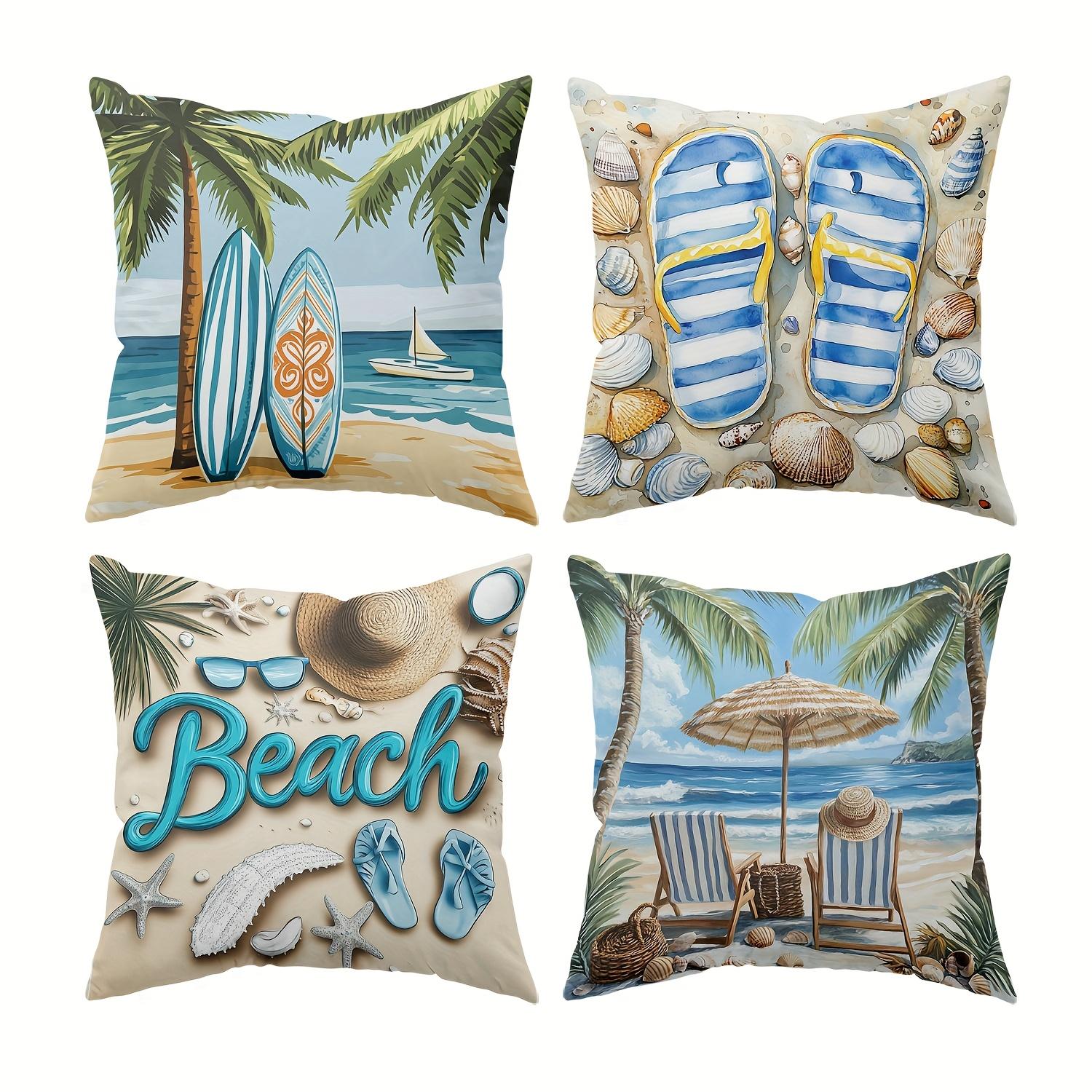 

4 Pack Coastal Cushion Covers 45x45cm Summer Vibes: Surfboards, Striped Flip Flops, 3D Beach Text & Beach Chairs on Sandy Base 35x35cm 4pcs
