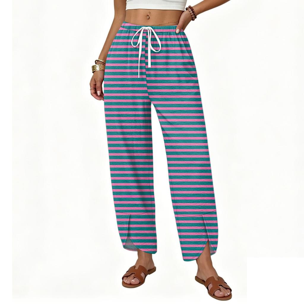 Women Casual Straight Leg Loose Fit Wide Leg Pants Button Detail Printed Pattern Drawstring Waistband Trousers