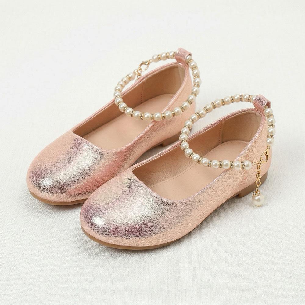 Gold/Pink Pearl Princess French Loafers - Girls Versatile Flat Shoes 28 розовый