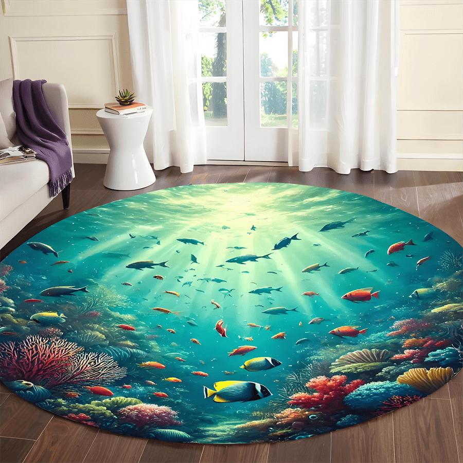 Alfombra Redonda Peces de Arrecife de Coral Submarino Decoración de Vida Marina Oceánica Alfombrilla Suave de Franela para Suelo de Sala de Estar, Dormitorio, Baño