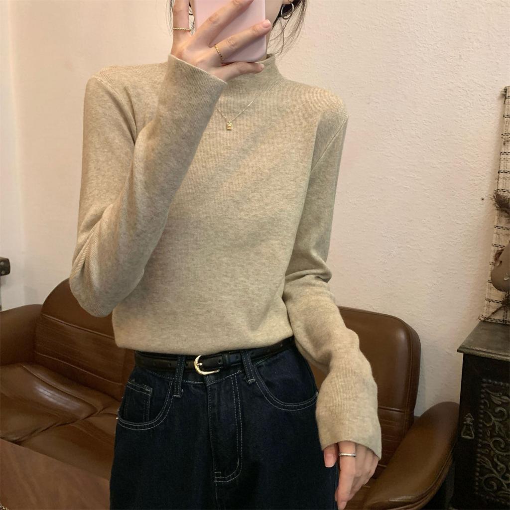 Autumn and winter warm small stand-up collar with knitted bottoming shirt inside, women's stacked long-sleeved solid-color versatile soft waxy 