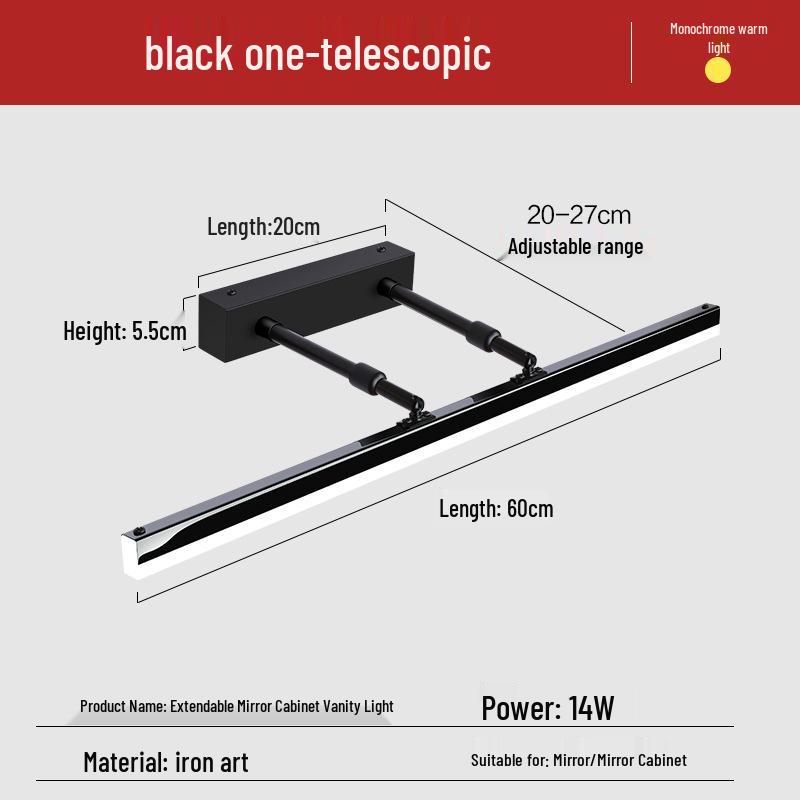 LED Vanity Light: No-Drill, Extendable Mirror Cabinet, Tri-Color, Nordic Minimalist Style.