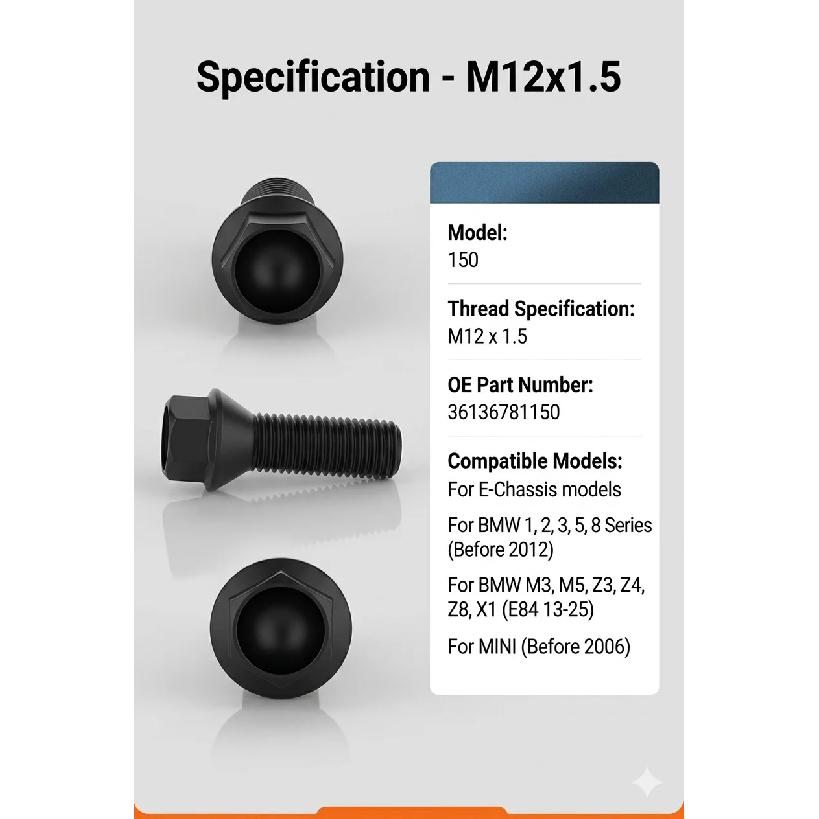 M14x1.25 M12x1.5 M14x1.5 Wheel Lug Bolts for BMW 1 3 5 7 Series X1 X3 X5 X6 MINI Car Hub Steel Screws 36136781150 36136781151