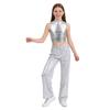 Kids Jazz Dance Costume Sleeveless Mock Neck Metallic Top and High Waist Sparkle Sequin Pants for Stage Competition